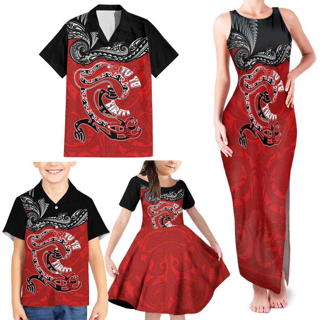 Personalised Aotearoa Toitu Te Tiriti Family Matching Tank Maxi Dress and Hawaiian Shirt Taniwha Tribal Motifs