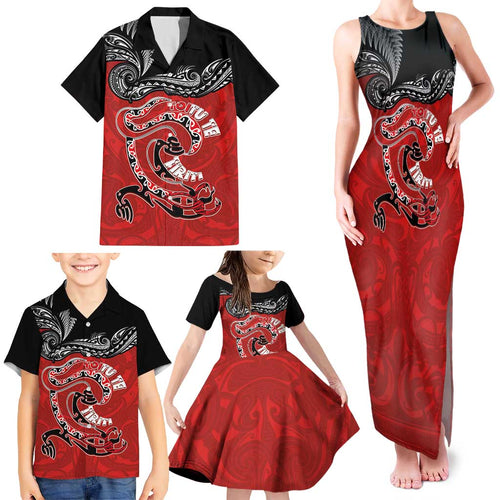 Personalised Aotearoa Toitu Te Tiriti Family Matching Tank Maxi Dress and Hawaiian Shirt Taniwha Tribal Motifs