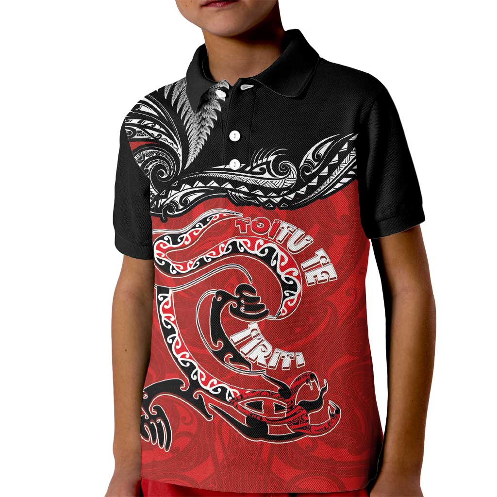 Personalised Aotearoa Toitu Te Tiriti Kid Polo Shirt Taniwha Tribal Motifs