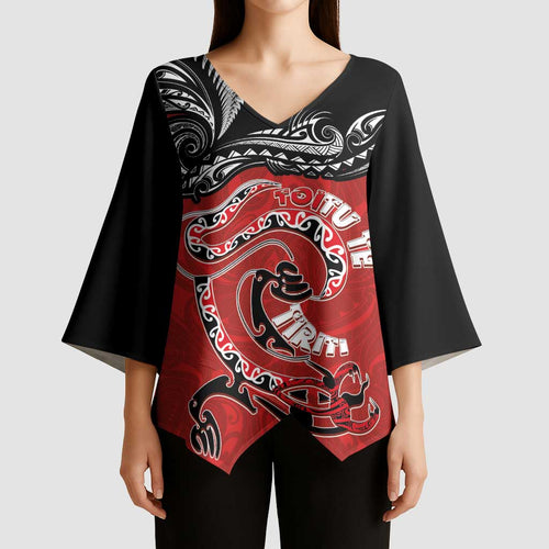 Personalised Aotearoa Toitu Te Tiriti Kimono Sleeve Blouse Taniwha Tribal Motifs