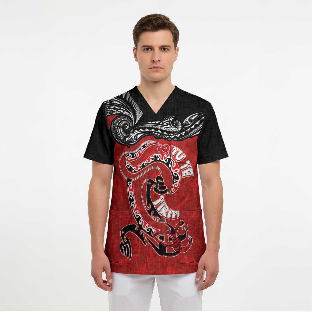 Personalised Aotearoa Toitu Te Tiriti Scrub Top Taniwha Tribal Motifs