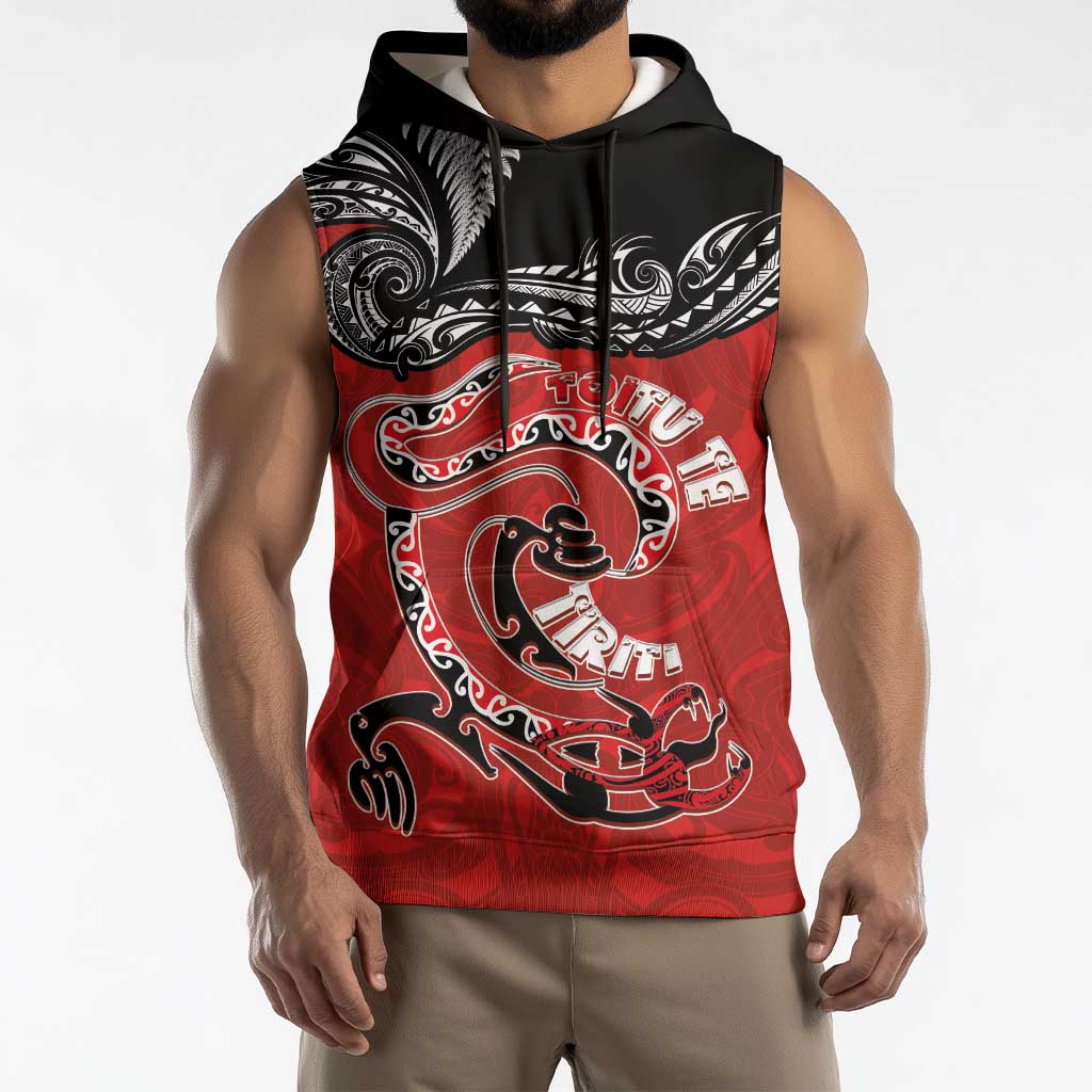 Personalised Aotearoa Toitu Te Tiriti Sleeveless Hoodie Taniwha Tribal Motifs