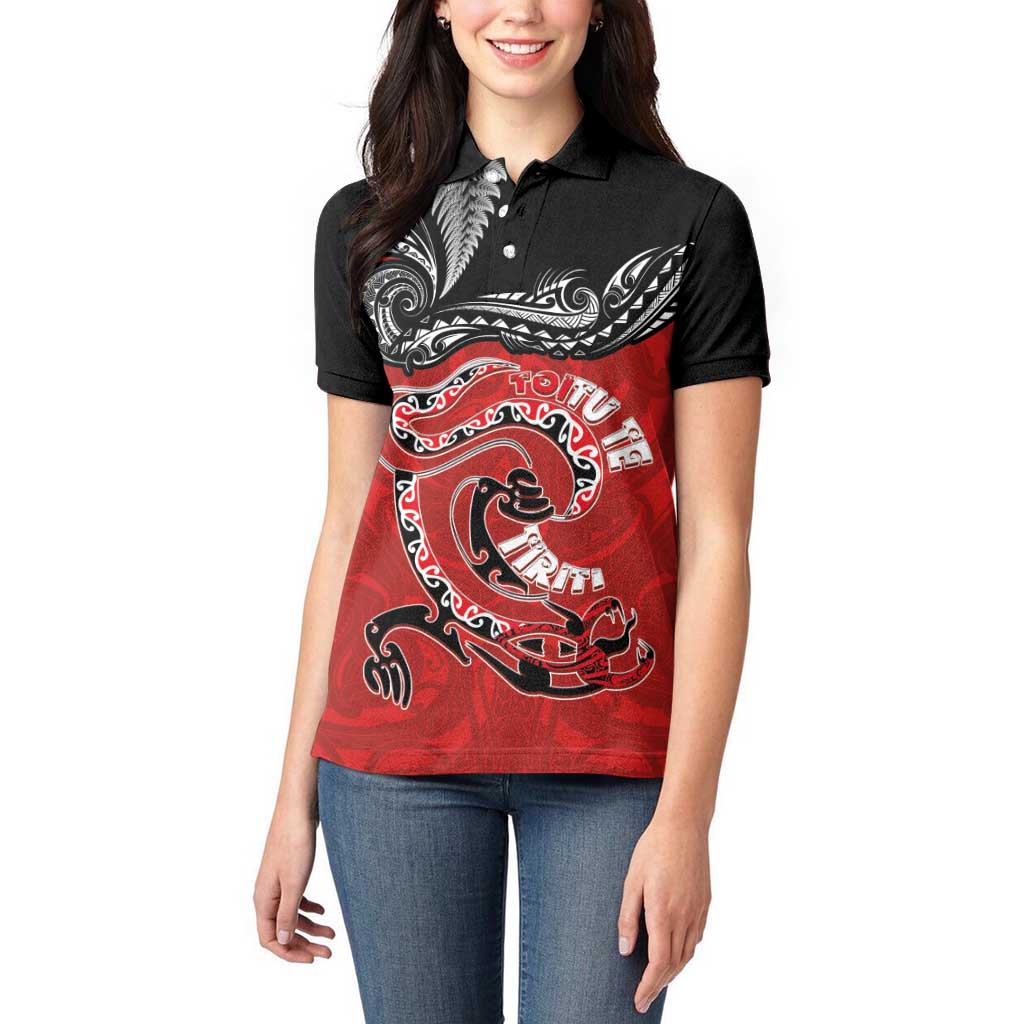 Personalised Aotearoa Toitu Te Tiriti Women Polo Shirt Taniwha Tribal Motifs
