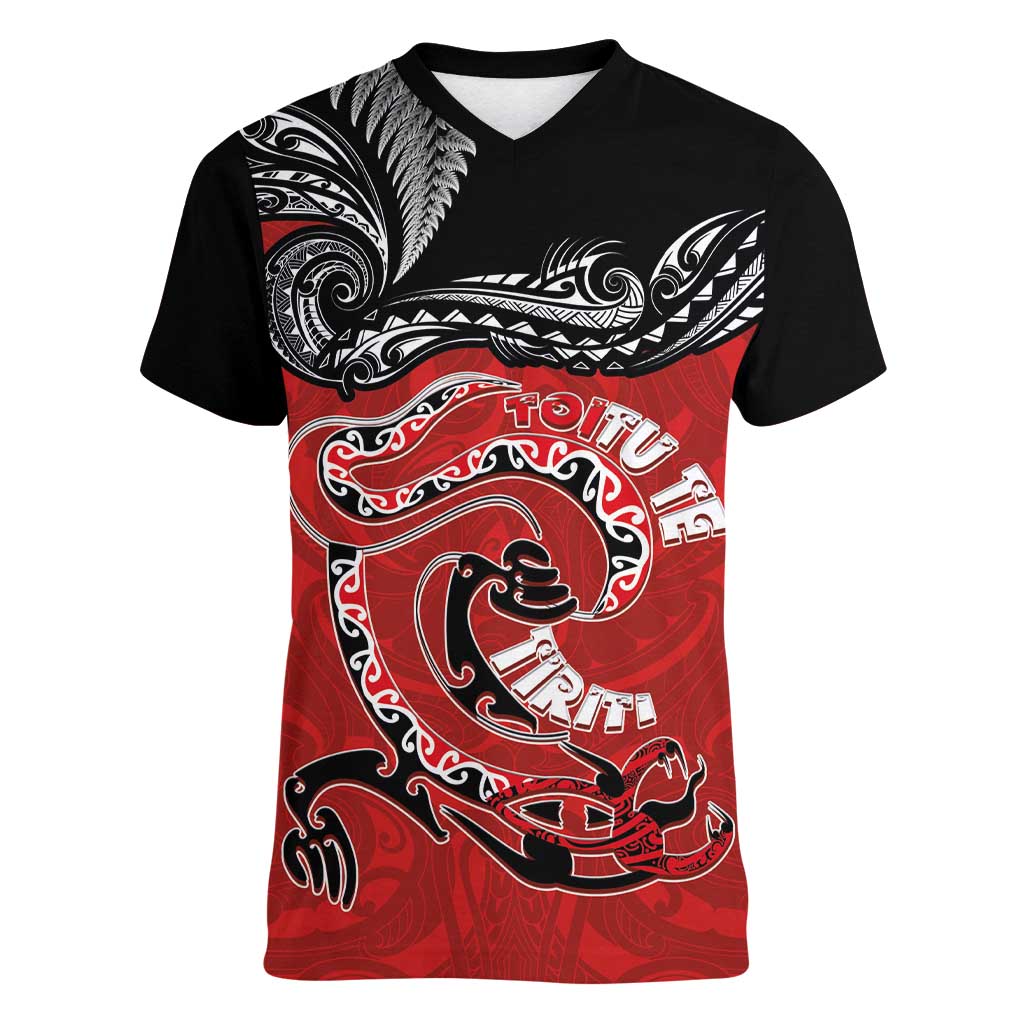 Personalised Aotearoa Toitu Te Tiriti Women V-Neck T-Shirt Taniwha Tribal Motifs