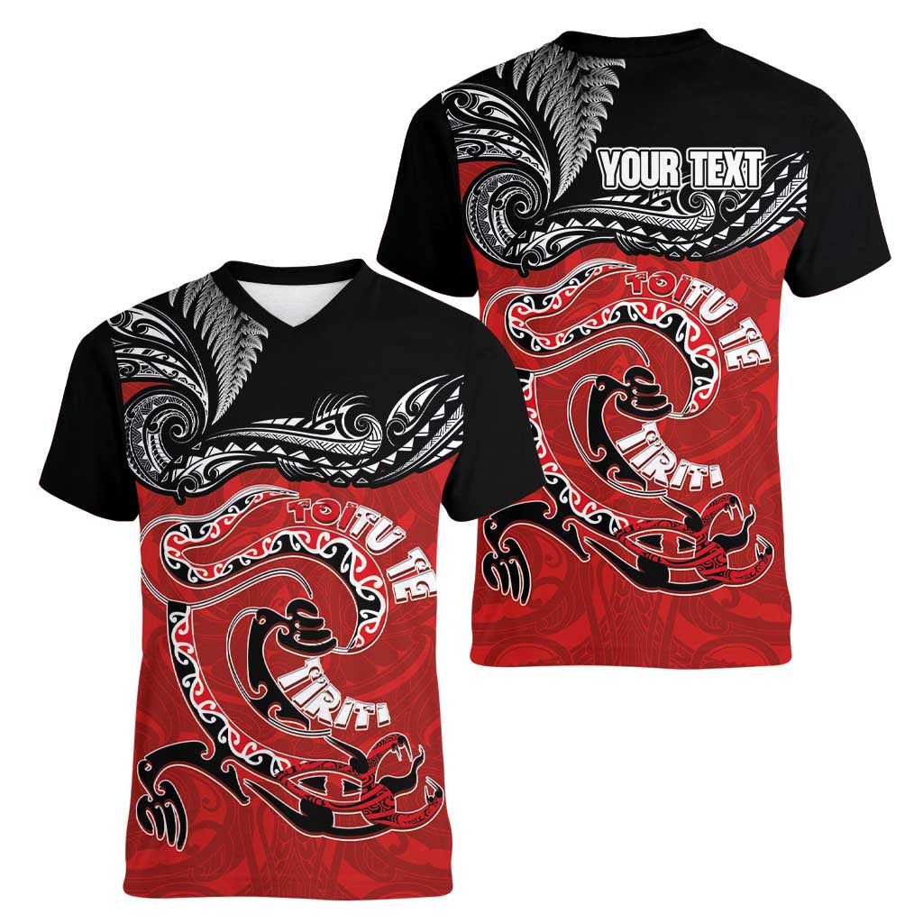 Personalised Aotearoa Toitu Te Tiriti Women V-Neck T-Shirt Taniwha Tribal Motifs