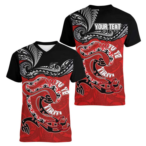 Personalised Aotearoa Toitu Te Tiriti Women V-Neck T-Shirt Taniwha Tribal Motifs