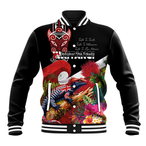 Aotearoa Toitu Te Tiriti Baseball Jacket Waitangi-Honour The Treaty NZ Tuatara and Plants
