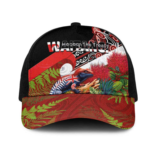 Aotearoa Toitu Te Tiriti Baseball Net Cap Waitangi-Honour The Treaty NZ Tuatara and Plants