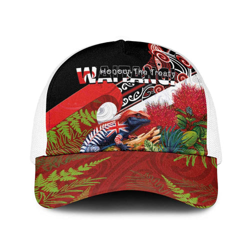 Aotearoa Toitu Te Tiriti Baseball Net Cap Waitangi-Honour The Treaty NZ Tuatara and Plants
