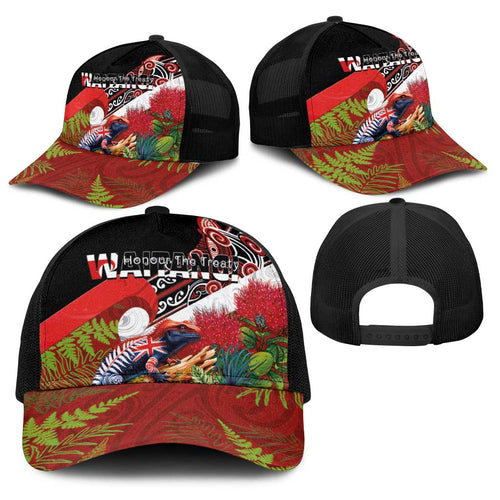 Aotearoa Toitu Te Tiriti Baseball Net Cap Waitangi-Honour The Treaty NZ Tuatara and Plants