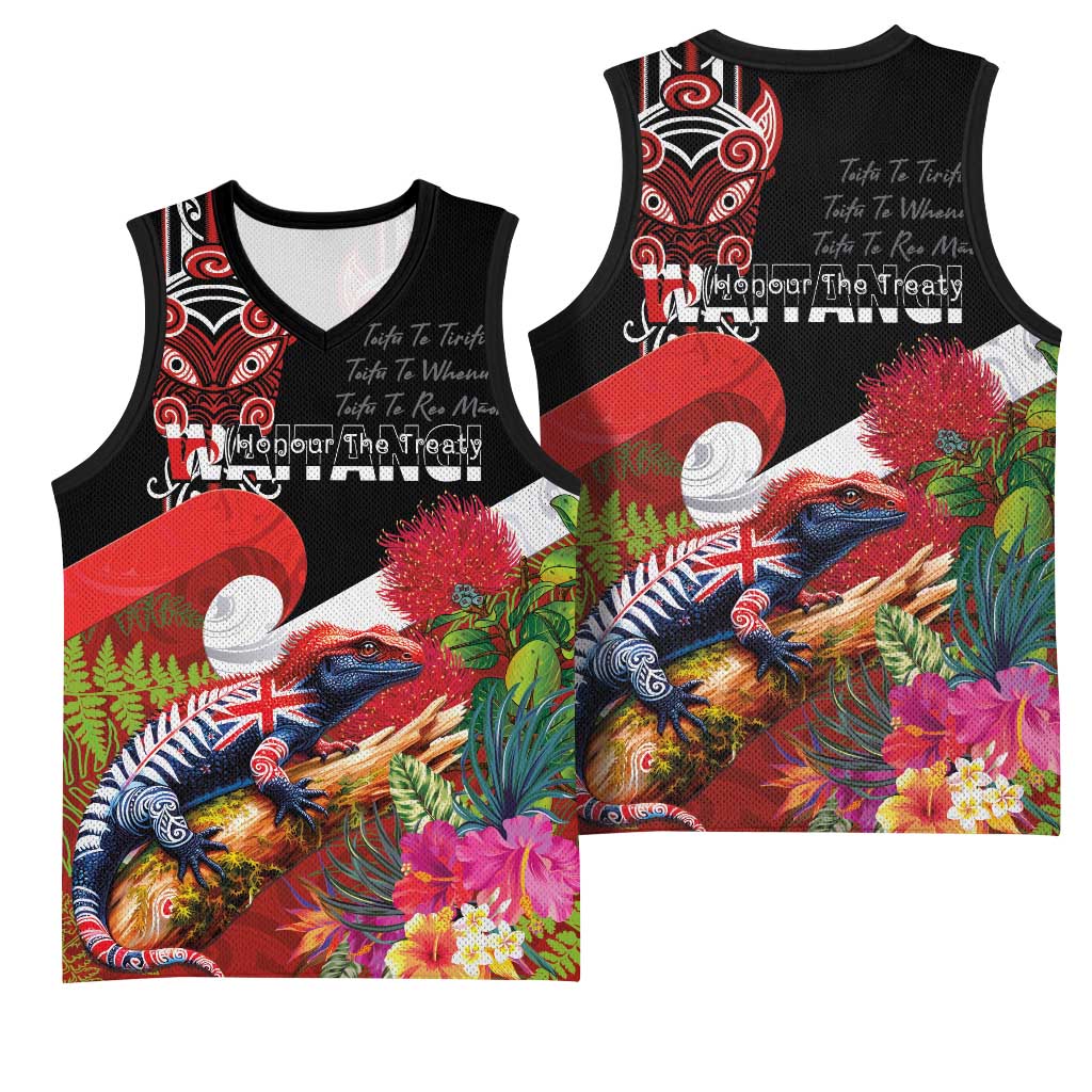 Aotearoa Toitu Te Tiriti Basketball Jersey Waitangi-Honour The Treaty NZ Tuatara and Plants