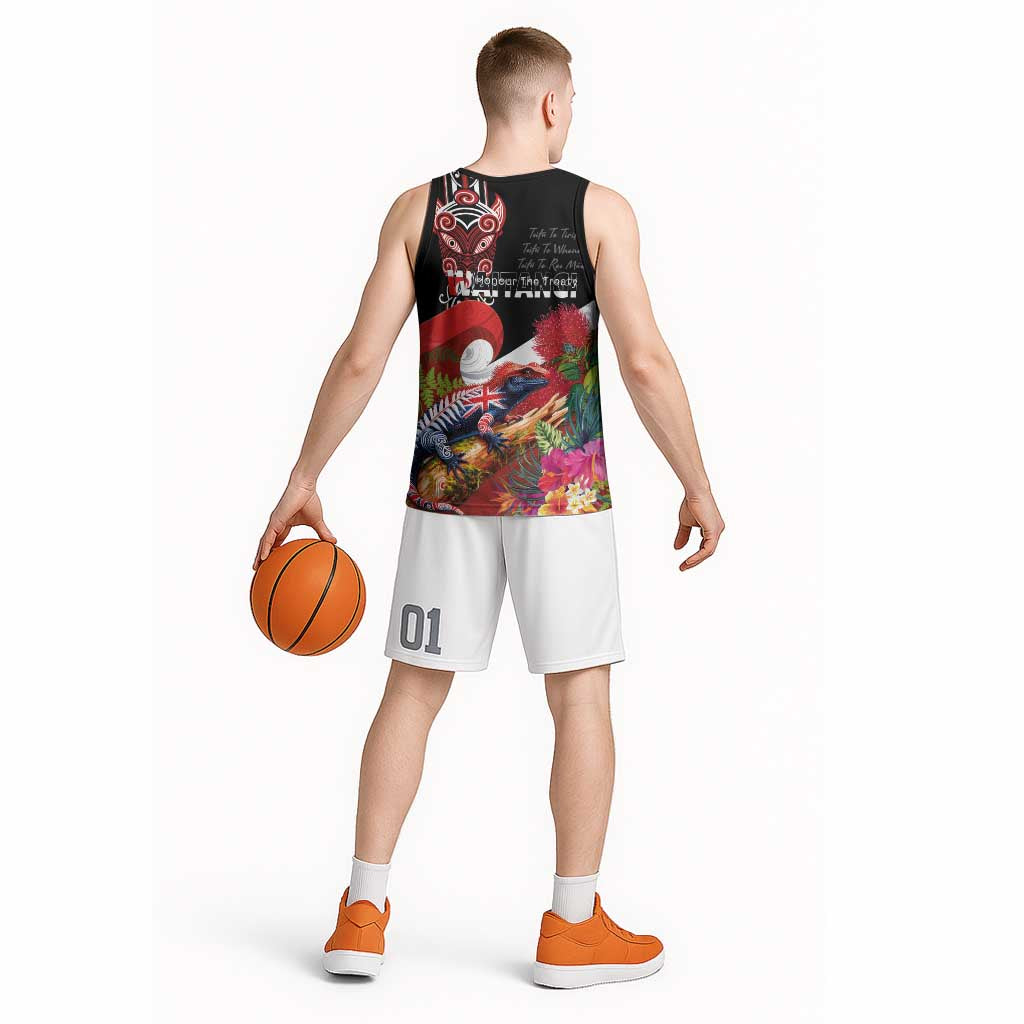 Aotearoa Toitu Te Tiriti Basketball Jersey Waitangi-Honour The Treaty NZ Tuatara and Plants