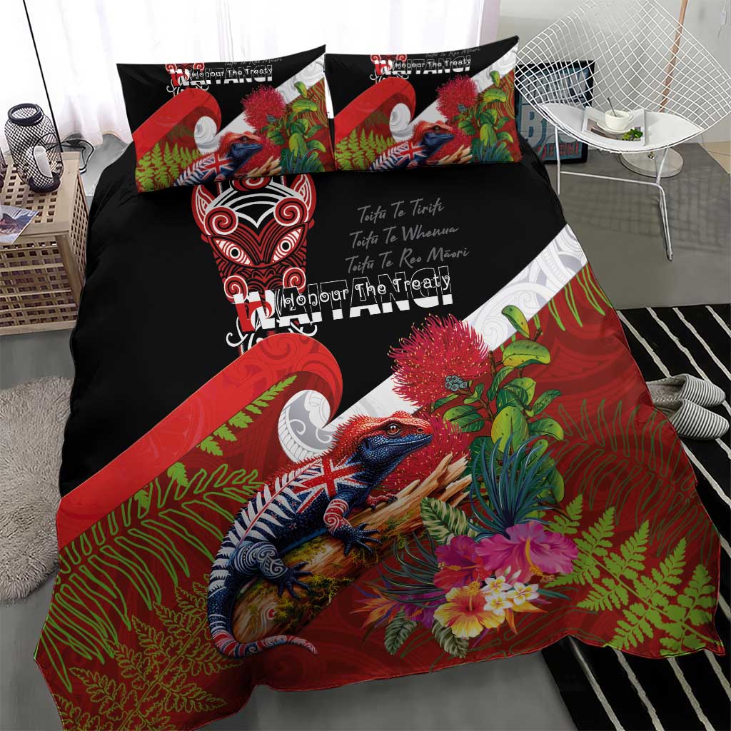 Aotearoa Toitu Te Tiriti Bedding Set Waitangi-Honour The Treaty NZ Tuatara and Plants
