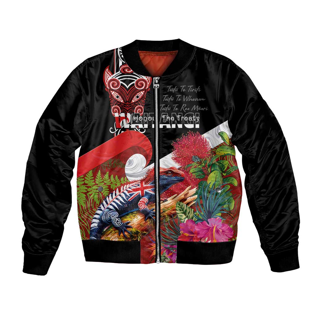 Aotearoa Toitu Te Tiriti Bomber Jacket Waitangi-Honour The Treaty NZ Tuatara and Plants