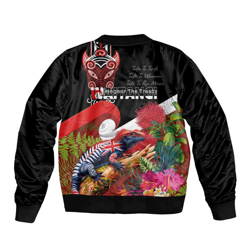 Aotearoa Toitu Te Tiriti Bomber Jacket Waitangi-Honour The Treaty NZ Tuatara and Plants