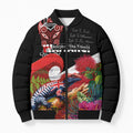 Aotearoa Toitu Te Tiriti Bomber Puffer Jacket Waitangi-Honour The Treaty NZ Tuatara and Plants
