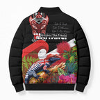 Aotearoa Toitu Te Tiriti Bomber Puffer Jacket Waitangi-Honour The Treaty NZ Tuatara and Plants