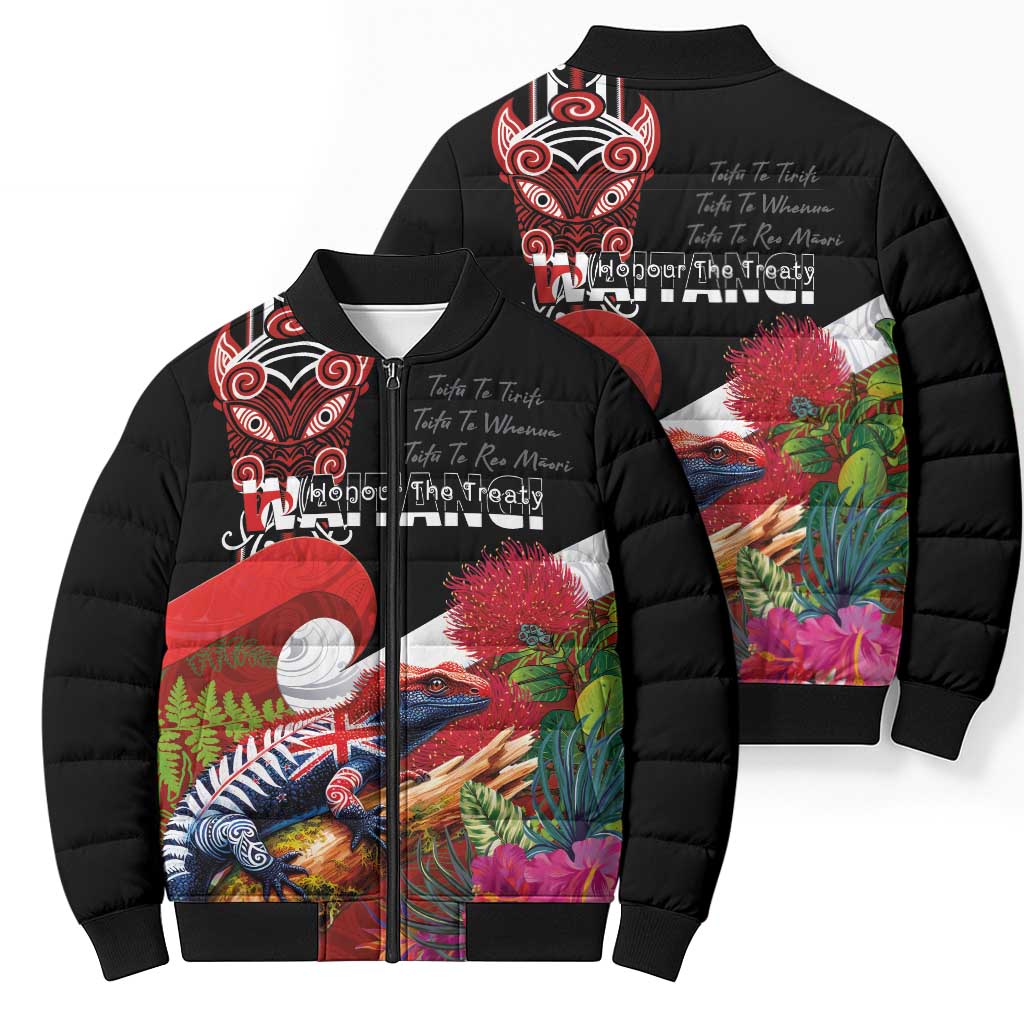 Aotearoa Toitu Te Tiriti Bomber Puffer Jacket Waitangi-Honour The Treaty NZ Tuatara and Plants