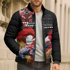 Aotearoa Toitu Te Tiriti Bomber Puffer Jacket Waitangi-Honour The Treaty NZ Tuatara and Plants