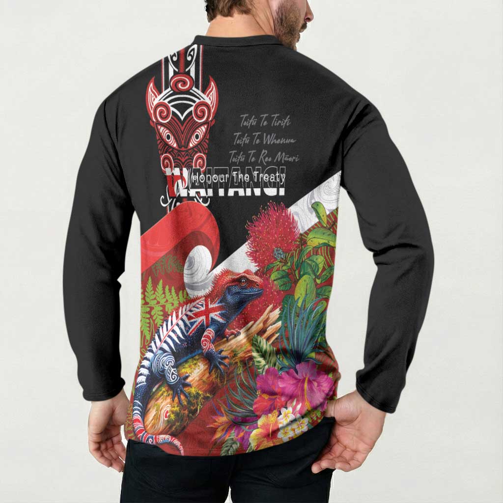 Aotearoa Toitu Te Tiriti Button Sweatshirt Waitangi-Honour The Treaty NZ Tuatara and Plants