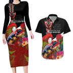 Aotearoa Toitu Te Tiriti Couples Matching Long Sleeve Bodycon Dress and Hawaiian Shirt Waitangi-Honour The Treaty NZ Tuatara and Plants