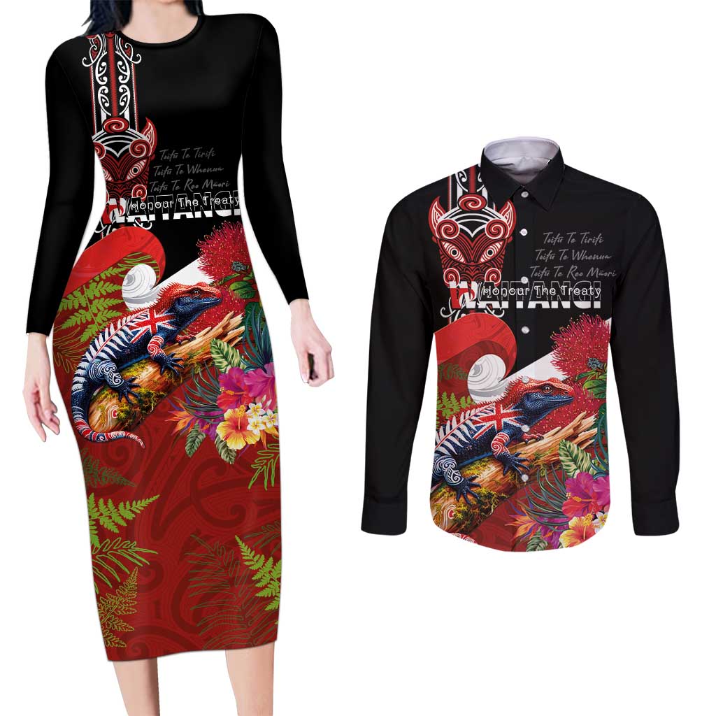 Aotearoa Toitu Te Tiriti Couples Matching Long Sleeve Bodycon Dress and Long Sleeve Button Shirt Waitangi-Honour The Treaty NZ Tuatara and Plants