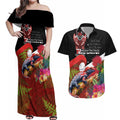 Aotearoa Toitu Te Tiriti Couples Matching Off Shoulder Maxi Dress and Hawaiian Shirt Waitangi-Honour The Treaty NZ Tuatara and Plants