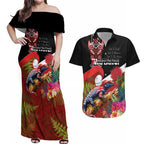 Aotearoa Toitu Te Tiriti Couples Matching Off Shoulder Maxi Dress and Hawaiian Shirt Waitangi-Honour The Treaty NZ Tuatara and Plants