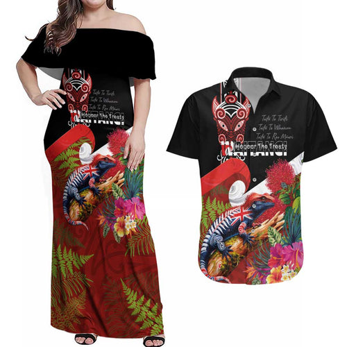 Aotearoa Toitu Te Tiriti Couples Matching Off Shoulder Maxi Dress and Hawaiian Shirt Waitangi-Honour The Treaty NZ Tuatara and Plants