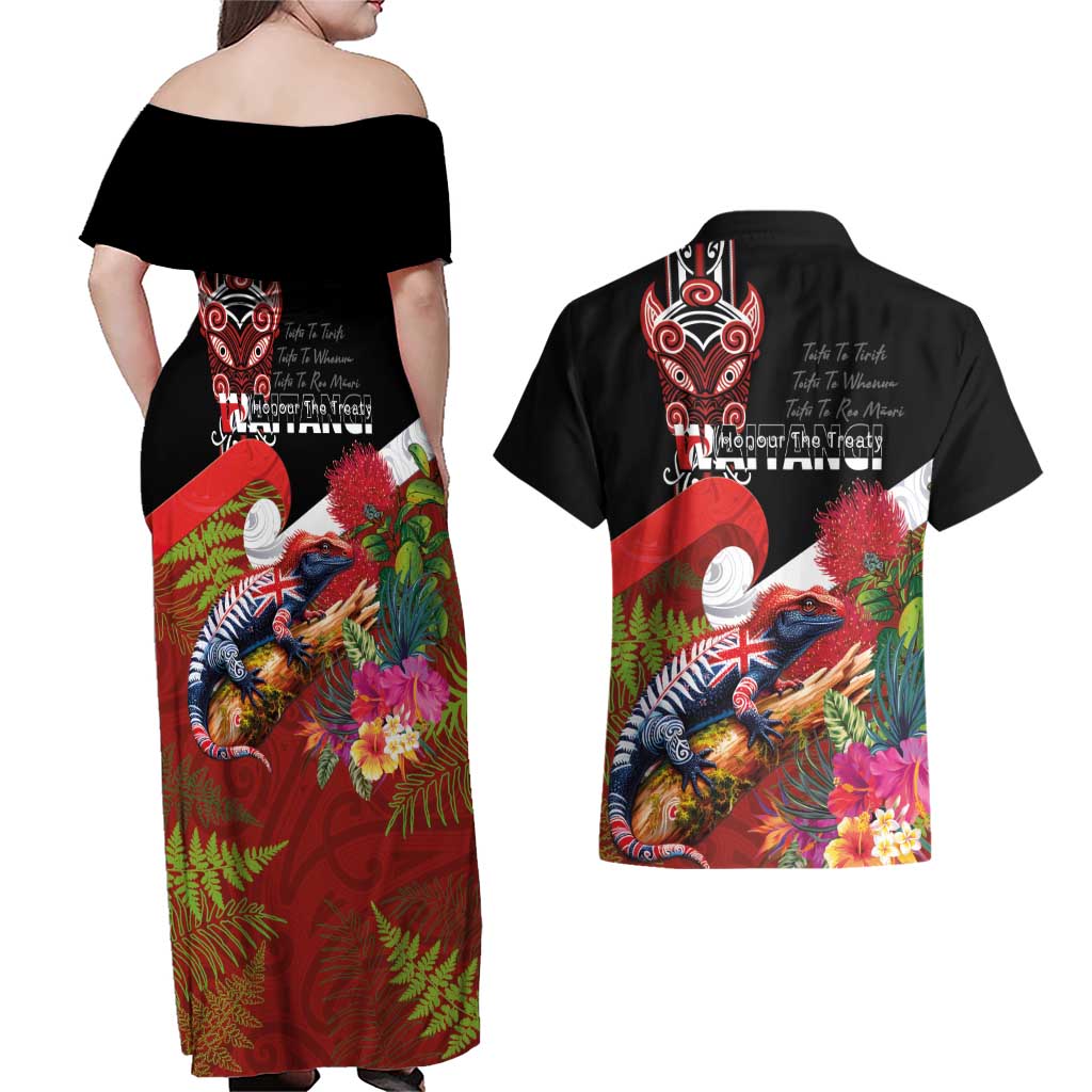 Aotearoa Toitu Te Tiriti Couples Matching Off Shoulder Maxi Dress and Hawaiian Shirt Waitangi-Honour The Treaty NZ Tuatara and Plants