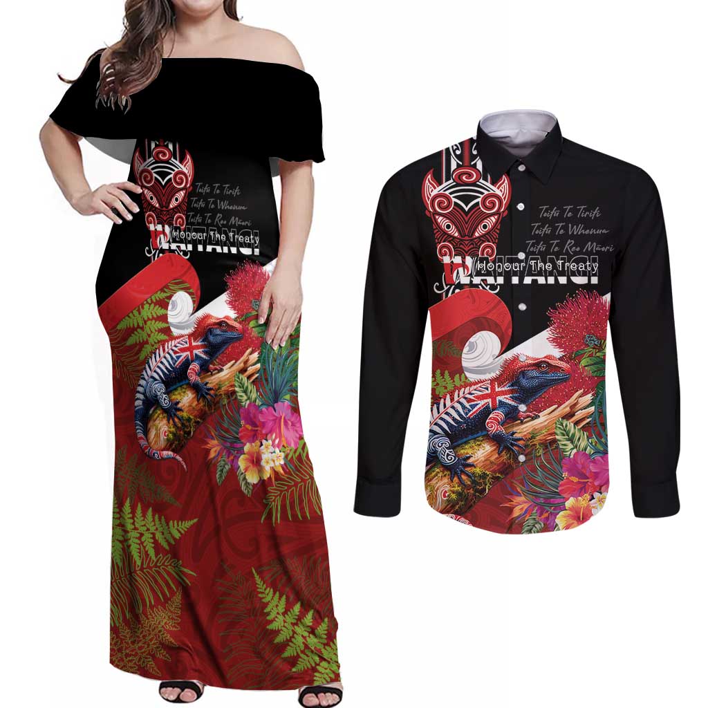 Aotearoa Toitu Te Tiriti Couples Matching Off Shoulder Maxi Dress and Long Sleeve Button Shirt Waitangi-Honour The Treaty NZ Tuatara and Plants