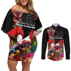 Aotearoa Toitu Te Tiriti Couples Matching Off Shoulder Short Dress and Long Sleeve Button Shirt Waitangi-Honour The Treaty NZ Tuatara and Plants
