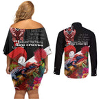 Aotearoa Toitu Te Tiriti Couples Matching Off Shoulder Short Dress and Long Sleeve Button Shirt Waitangi-Honour The Treaty NZ Tuatara and Plants