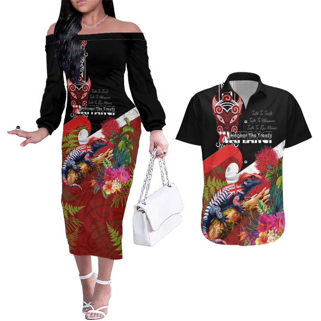 Aotearoa Toitu Te Tiriti Couples Matching Off The Shoulder Long Sleeve Dress and Hawaiian Shirt Waitangi-Honour The Treaty NZ Tuatara and Plants