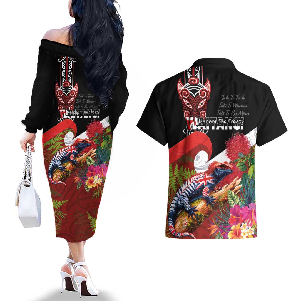 Aotearoa Toitu Te Tiriti Couples Matching Off The Shoulder Long Sleeve Dress and Hawaiian Shirt Waitangi-Honour The Treaty NZ Tuatara and Plants