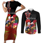Aotearoa Toitu Te Tiriti Couples Matching Short Sleeve Bodycon Dress and Long Sleeve Button Shirt Waitangi-Honour The Treaty NZ Tuatara and Plants