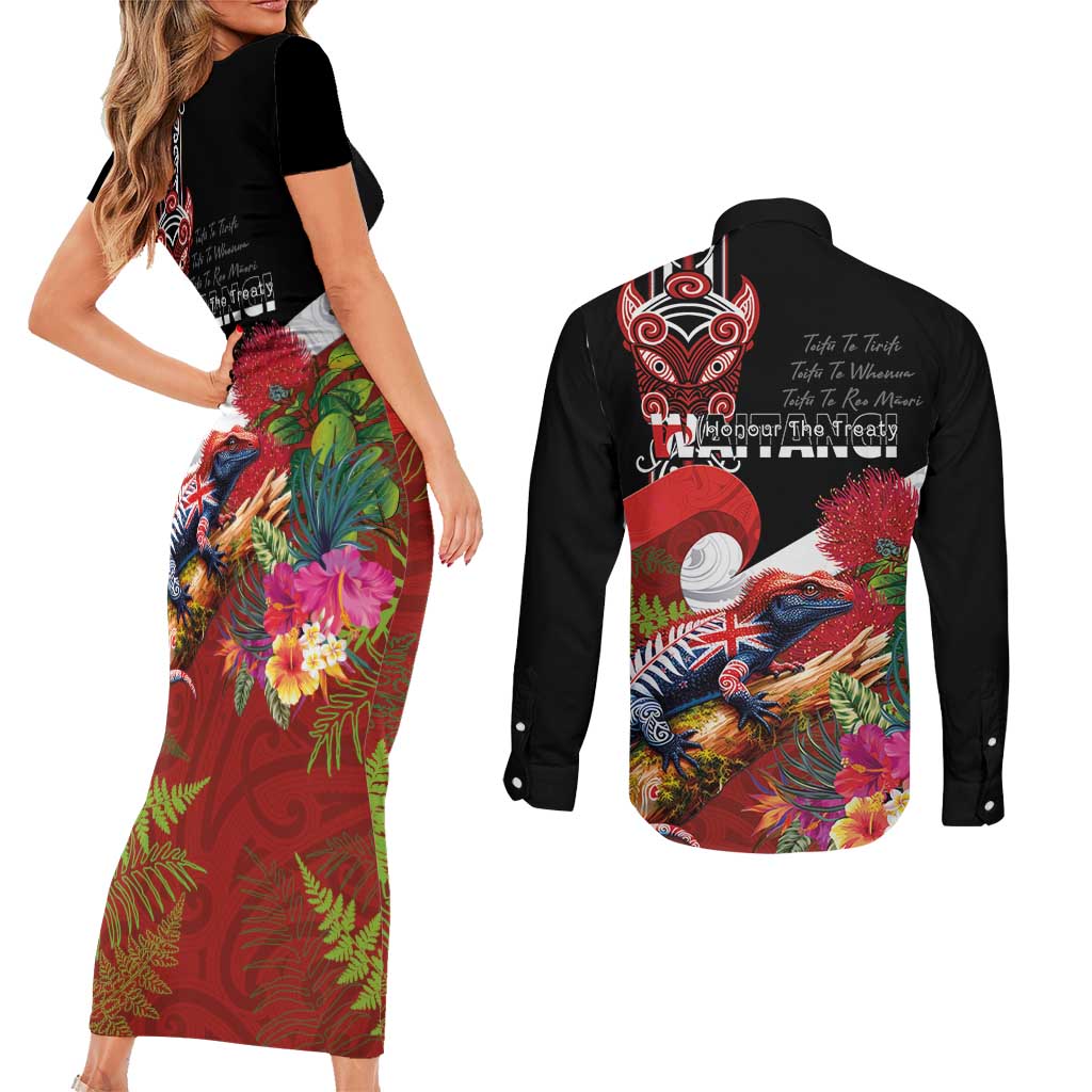 Aotearoa Toitu Te Tiriti Couples Matching Short Sleeve Bodycon Dress and Long Sleeve Button Shirt Waitangi-Honour The Treaty NZ Tuatara and Plants