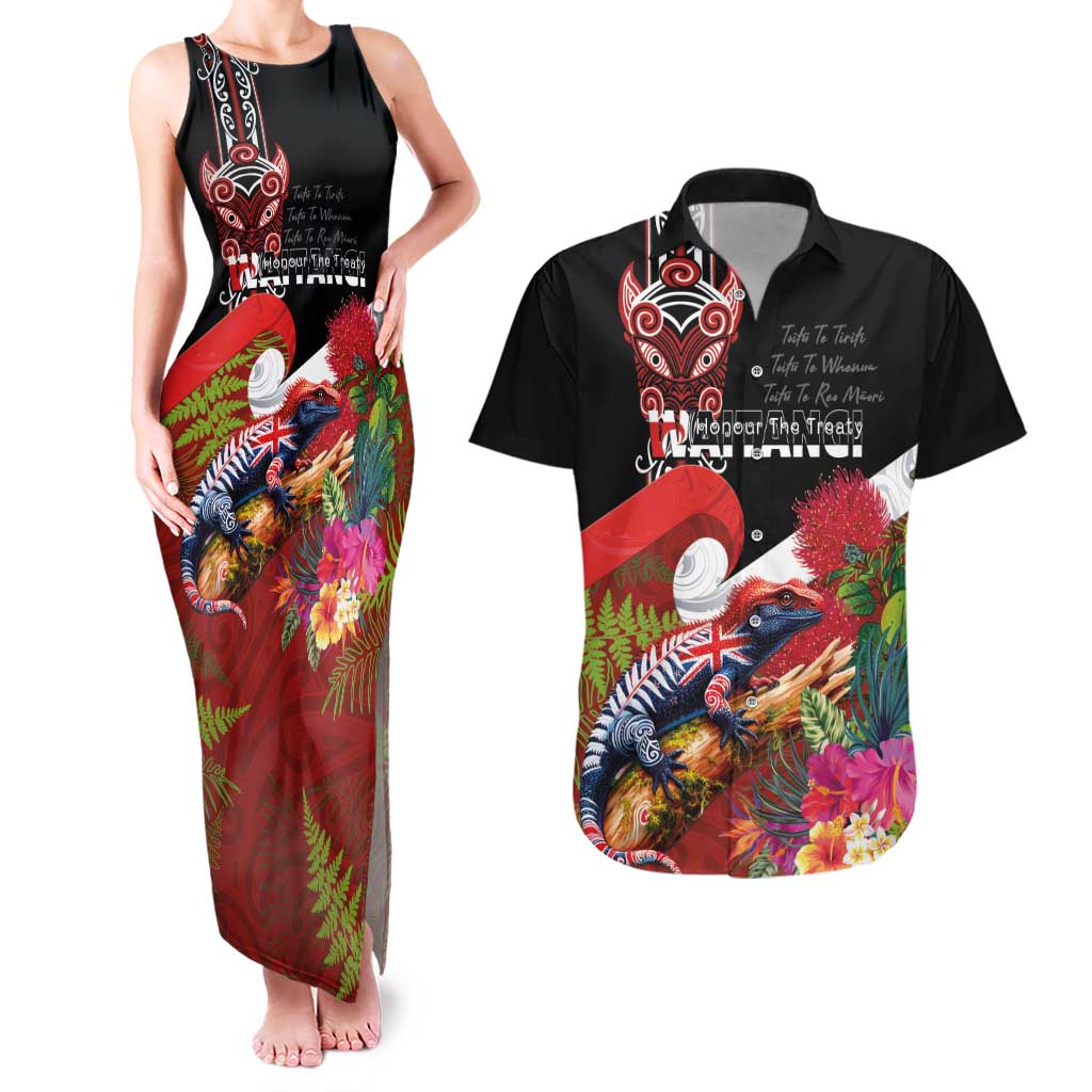 Aotearoa Toitu Te Tiriti Couples Matching Tank Maxi Dress and Hawaiian Shirt Waitangi-Honour The Treaty NZ Tuatara and Plants