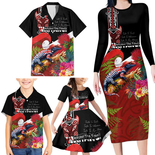 Aotearoa Toitu Te Tiriti Family Matching Long Sleeve Bodycon Dress and Hawaiian Shirt Waitangi-Honour The Treaty NZ Tuatara and Plants