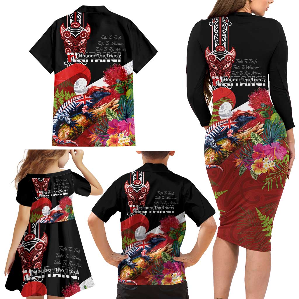 Aotearoa Toitu Te Tiriti Family Matching Long Sleeve Bodycon Dress and Hawaiian Shirt Waitangi-Honour The Treaty NZ Tuatara and Plants