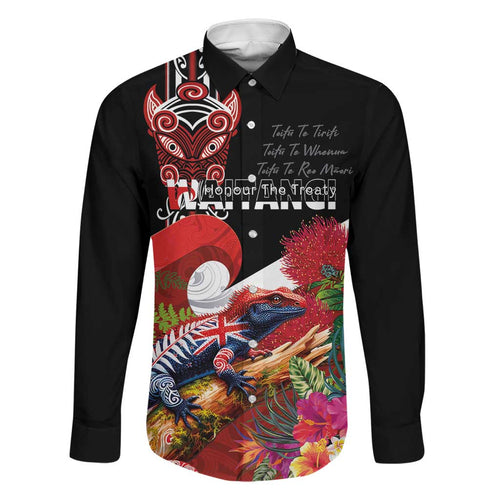 Aotearoa Toitu Te Tiriti Family Matching Long Sleeve Bodycon Dress and Hawaiian Shirt Waitangi-Honour The Treaty NZ Tuatara and Plants