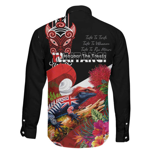 Aotearoa Toitu Te Tiriti Family Matching Long Sleeve Bodycon Dress and Hawaiian Shirt Waitangi-Honour The Treaty NZ Tuatara and Plants