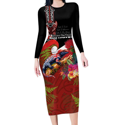 Aotearoa Toitu Te Tiriti Family Matching Long Sleeve Bodycon Dress and Hawaiian Shirt Waitangi-Honour The Treaty NZ Tuatara and Plants