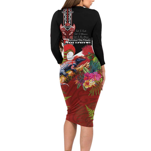 Aotearoa Toitu Te Tiriti Family Matching Long Sleeve Bodycon Dress and Hawaiian Shirt Waitangi-Honour The Treaty NZ Tuatara and Plants