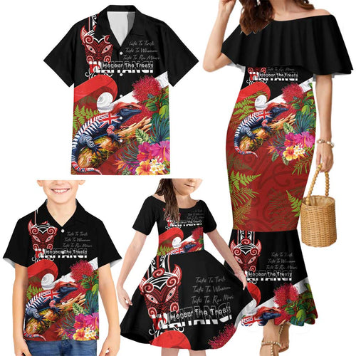 Aotearoa Toitu Te Tiriti Family Matching Mermaid Dress and Hawaiian Shirt Waitangi-Honour The Treaty NZ Tuatara and Plants