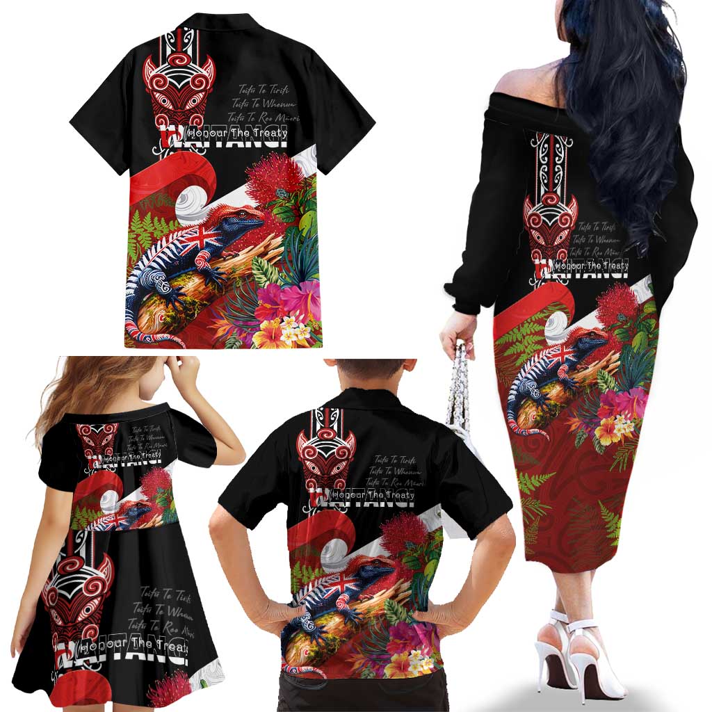 Aotearoa Toitu Te Tiriti Family Matching Off The Shoulder Long Sleeve Dress and Hawaiian Shirt Waitangi-Honour The Treaty NZ Tuatara and Plants