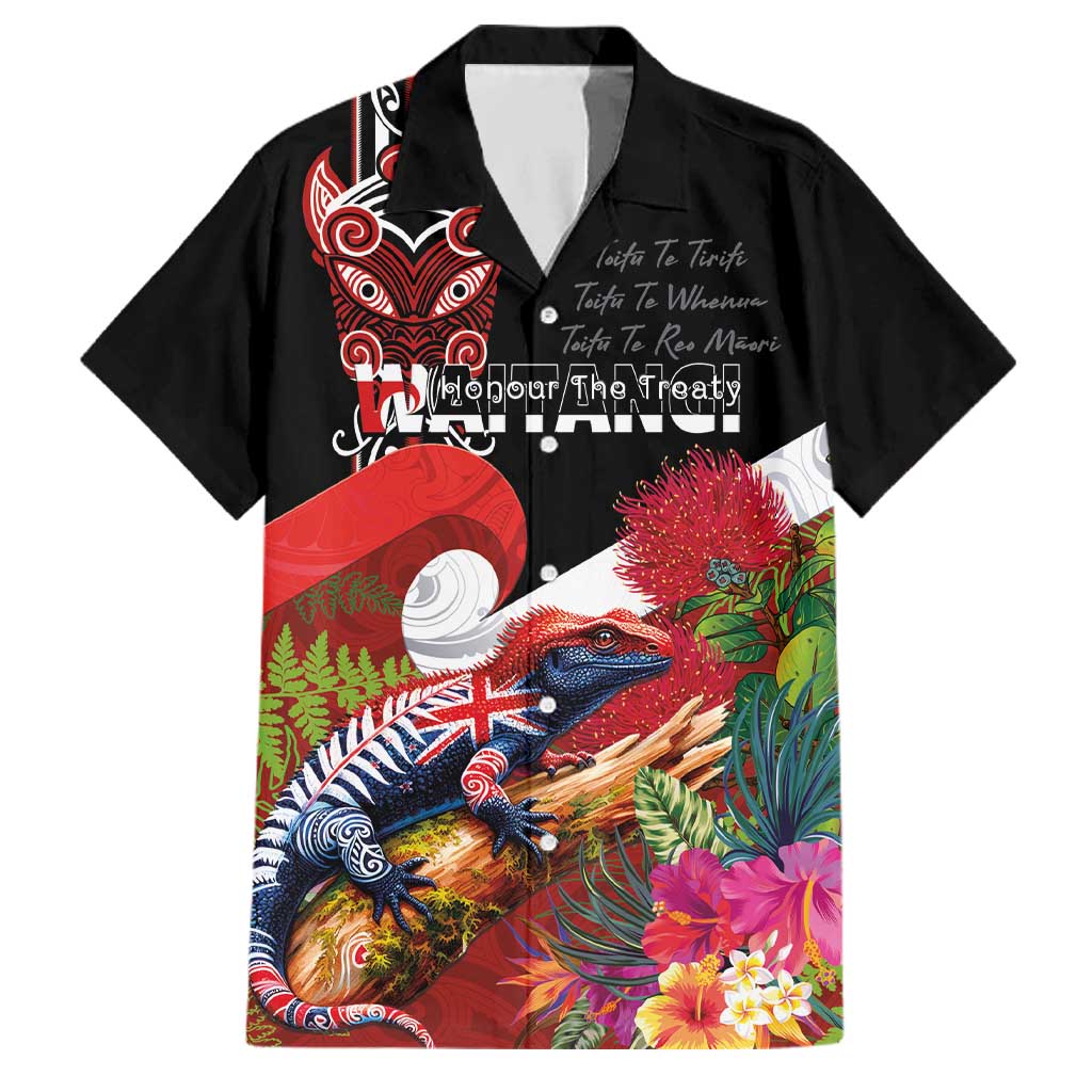 Aotearoa Toitu Te Tiriti Family Matching Off Shoulder Maxi Dress and Hawaiian Shirt Waitangi-Honour The Treaty NZ Tuatara and Plants