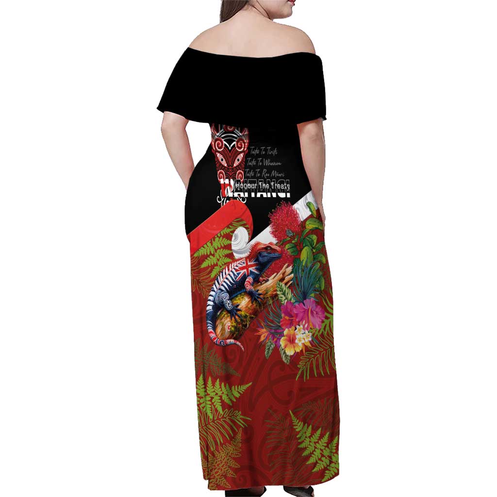 Aotearoa Toitu Te Tiriti Family Matching Off Shoulder Maxi Dress and Hawaiian Shirt Waitangi-Honour The Treaty NZ Tuatara and Plants