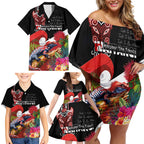Aotearoa Toitu Te Tiriti Family Matching Off Shoulder Short Dress and Hawaiian Shirt Waitangi-Honour The Treaty NZ Tuatara and Plants