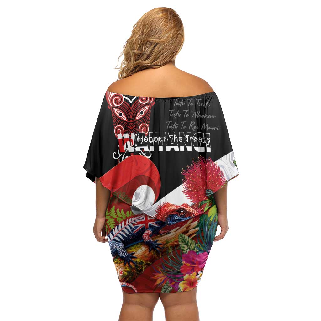 Aotearoa Toitu Te Tiriti Family Matching Off Shoulder Short Dress and Hawaiian Shirt Waitangi-Honour The Treaty NZ Tuatara and Plants